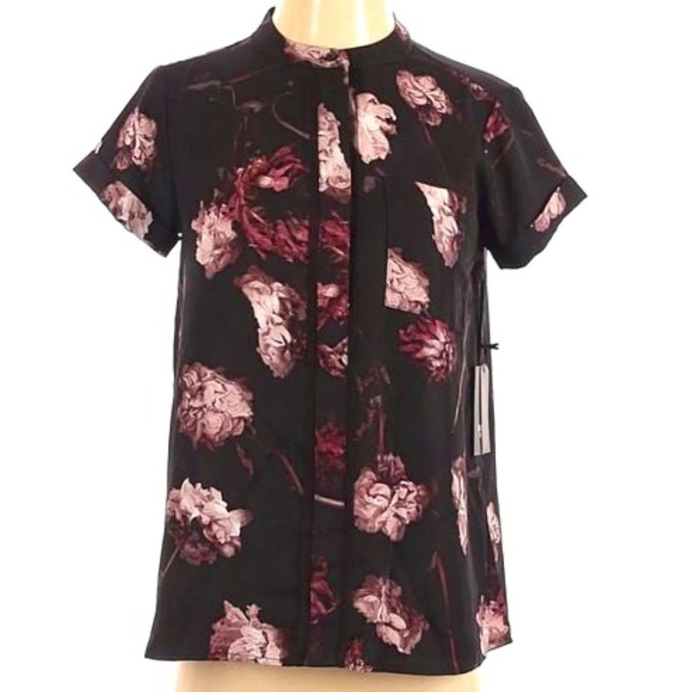 Simply Vera Wang Black & Pink Floral Rose Shortsleeve Button Down Blouse SP